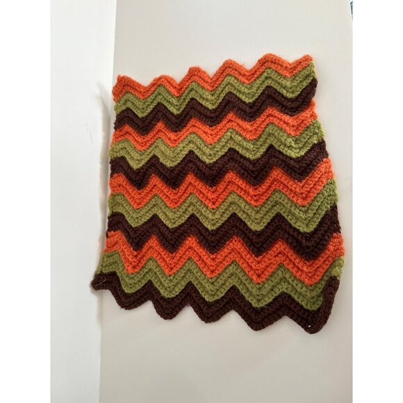 Handmade Chevron Knit Blanket - Brown Orange & Green Zigzag Pattern - 12"x12" - - Picture 5 of 5
